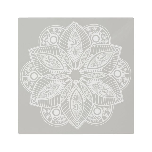 Exotic White Mandala on Gray Background Metal Print (Front)