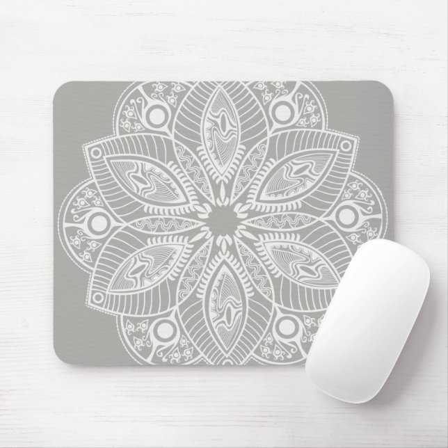 Exotic White Mandala on Gray Background Mouse Pad (With Mouse)