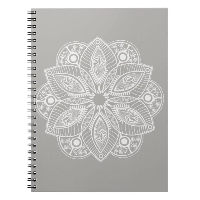 Exotic White Mandala on Gray Background Notebook (Front)