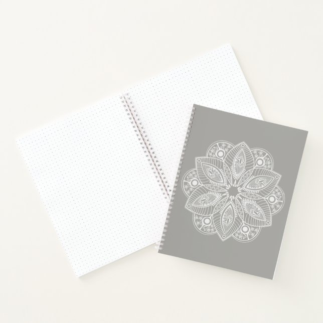 Exotic White Mandala on Gray Background Notebook (Inside)