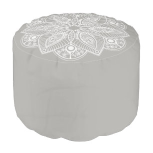 Exotic White Mandala on Gray Background Pouf