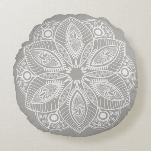 Exotic White Mandala on Gray Background Round Pillow