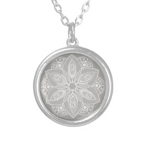 Exotic White Mandala on Gray Background Silver Plated Necklace