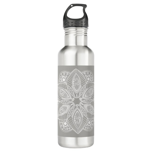 Exotic White Mandala on Gray Background Stainless Steel Water Bottle (Front)