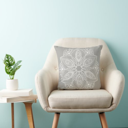 Exotic White Mandala on Gray Background Throw Pillow