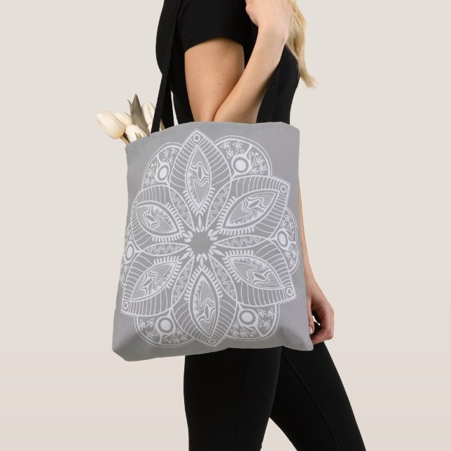 Exotic White Mandala on Gray Background Tote Bag (Close Up)