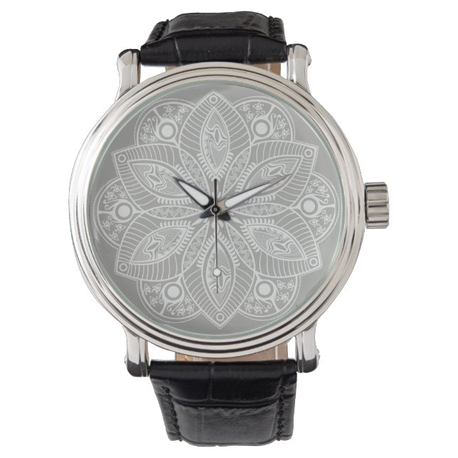 Exotic White Mandala on Gray Background Watch (Front)