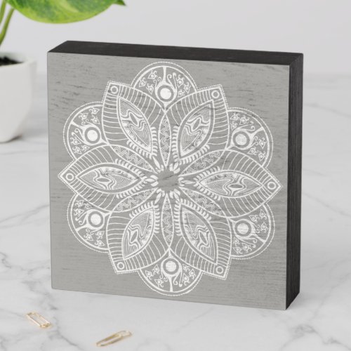 Exotic White Mandala on Gray Background Wooden Box Sign