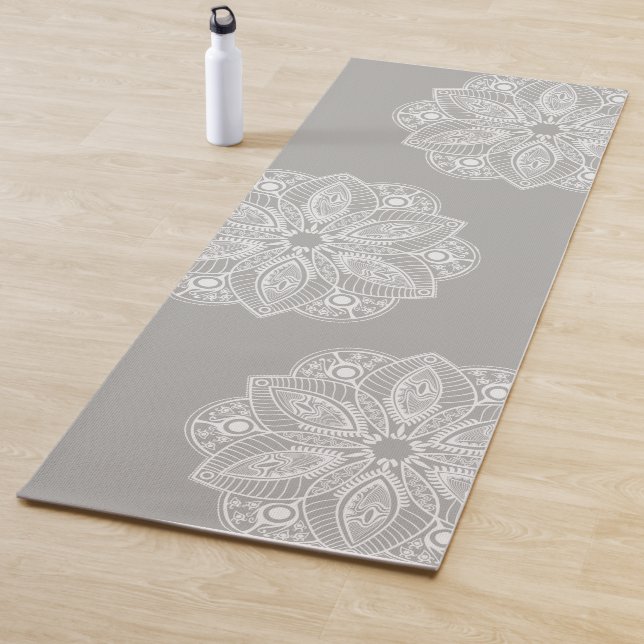 Exotic White Mandala on Gray Background Yoga Mat (In Situ)