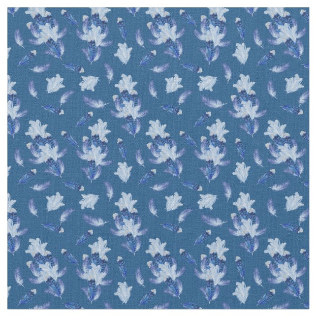 Exotic-White Parrot Blue tone Feathers Repeats Fabric (Close Up)