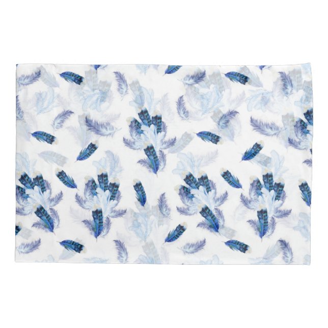 Exotic-White Parrot Blue tone Feathers Repeats Pillow Case (Back)