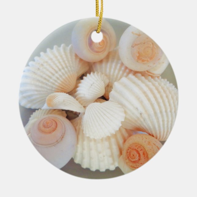 Exotic White Peach Sea Shells, Summer Beach Ceramic Ornament (Front)
