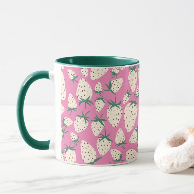 Exotic White Strawberries Colorful Fruity Fun Pink Mug (With Donut)