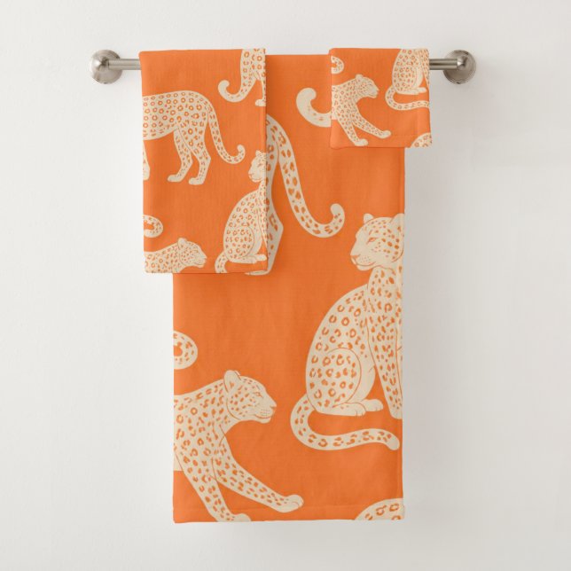 Exotic Wild Leopard Pattern Bright Orange Summer Bath Towel Set (Insitu)