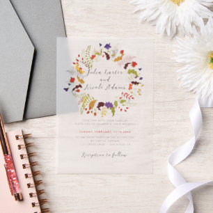 Exotic Woodland Wildflower Wreath Wedding Vellum Invitations