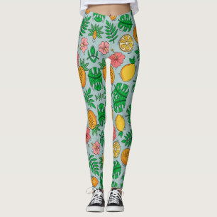 Exotic yellow pink & green leaf Floral pattern Leggings