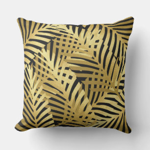 Exotic Zebra Palm Leaves Golden Pattern On Black Outdoor Pillow