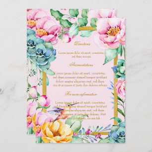 Exotical Bird-Gold Frame&Flower Wedding Directions Invitation