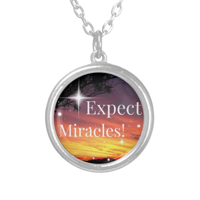 Expect Miracles Sparkle Sunset Inspirational Quote Silver Plated Necklace (Front)