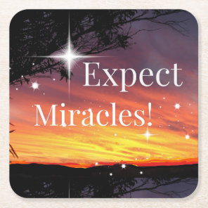 Expect Miracles Sparkle Sunset Inspirational Quote Square Paper Coaster
