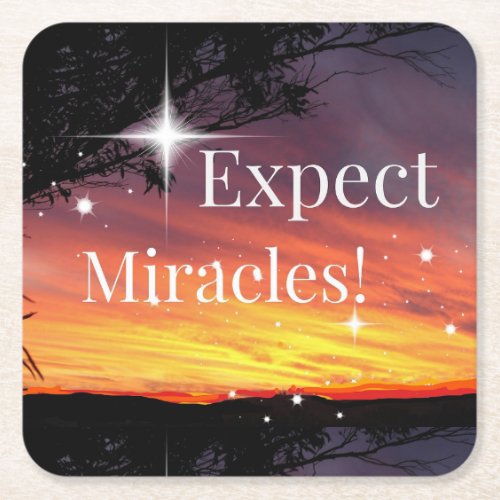 Expect Miracles Sparkle Sunset Inspirational Quote Square Paper Coaster