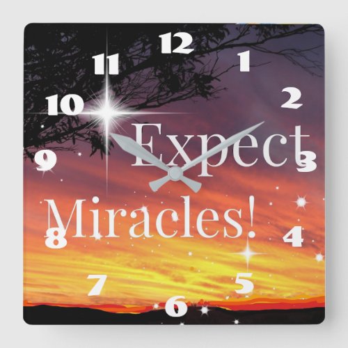Expect Miracles Sparkle Sunset Inspirational Quote Square Wall Clock