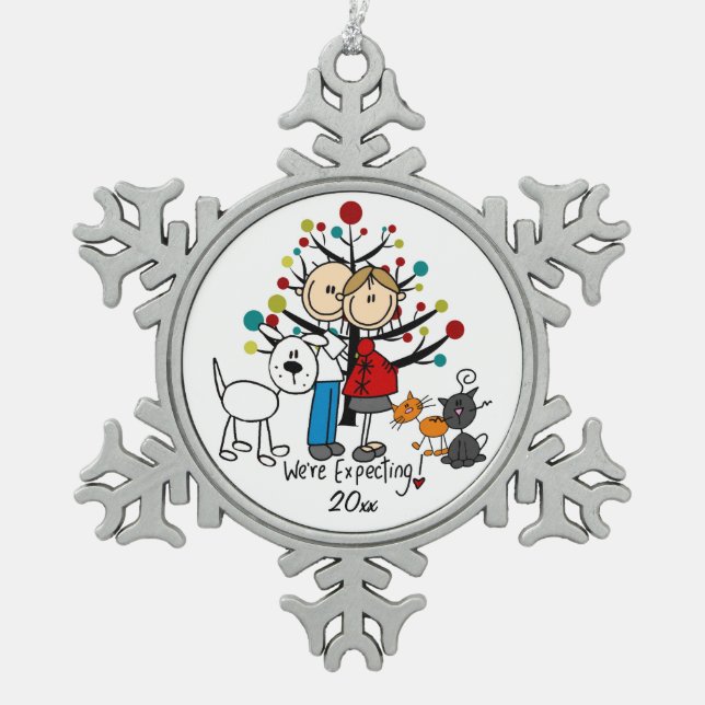 Expectant Couple 2 Cats Dog Snowflake Ornament (Front)