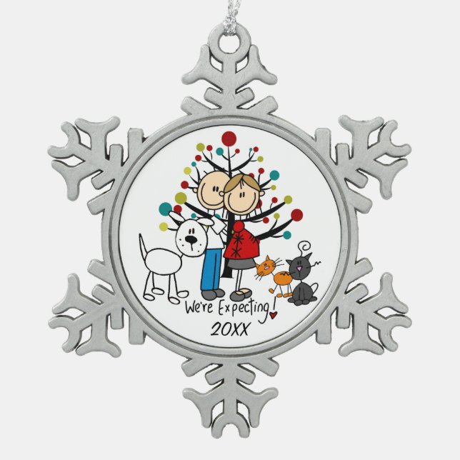 Expectant Couple 2 Cats Dog Snowflake Ornament (Front)