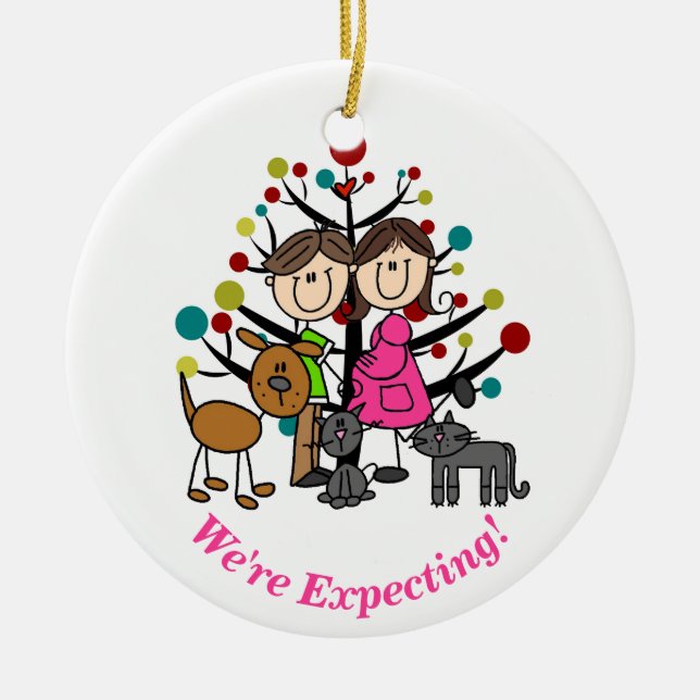 Expectant Couple, Two Cats, Dog Ornament (Front)
