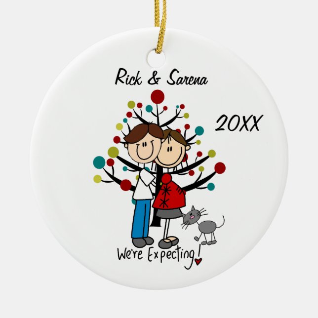 Expectant Couple With Gray Cat Ornament (Front)