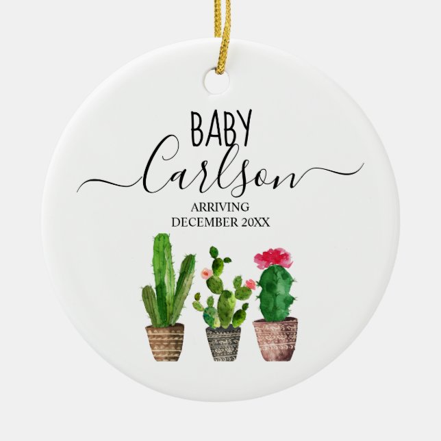 Expecting Baby Boy Pregnancy Announcement Cactus Ceramic Ornament (Front)