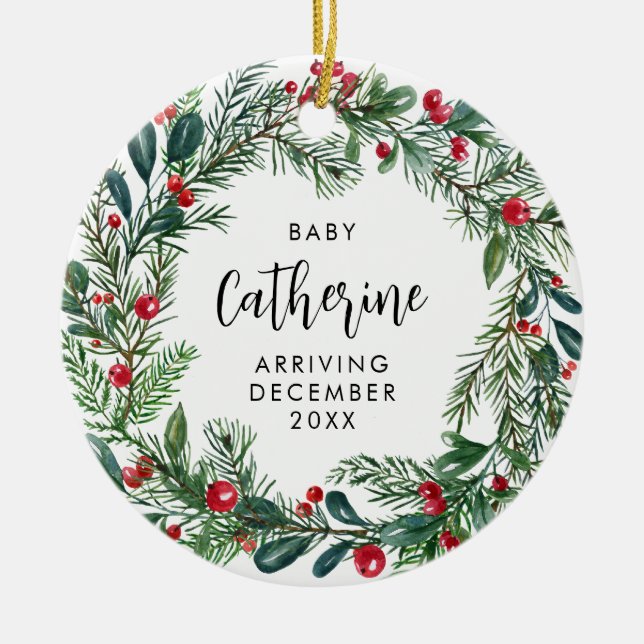 Expecting Baby Pregnancy Announcement Botanical Ceramic Ornament (Front)