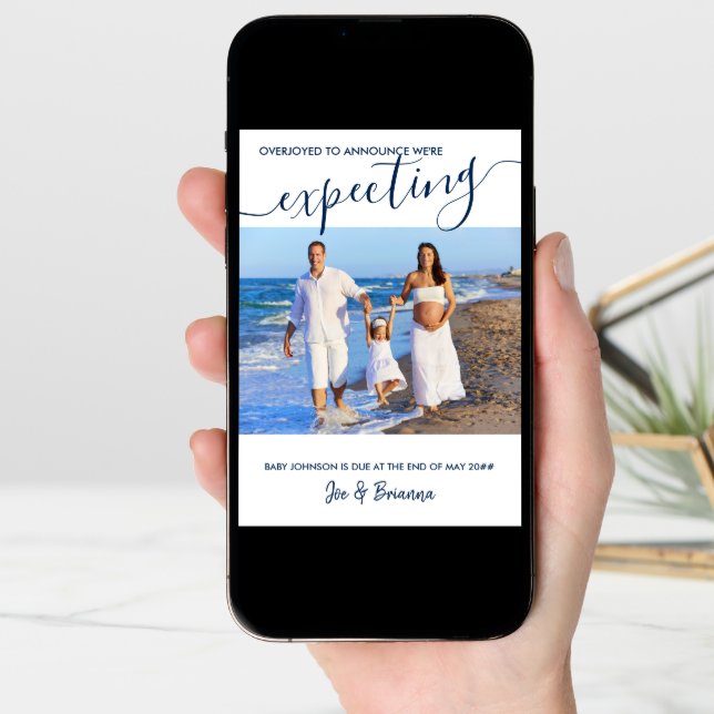 Expecting Photo and Elegant Script Blue Pregnancy Announcement (Front Digital)