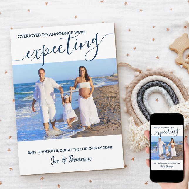Expecting Photo and Elegant Script Blue Pregnancy Announcement (Creator Uploaded)