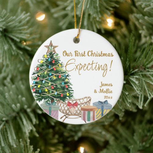 Expecting Sonogram Photo Christmas Tree and Crib Ceramic Ornament