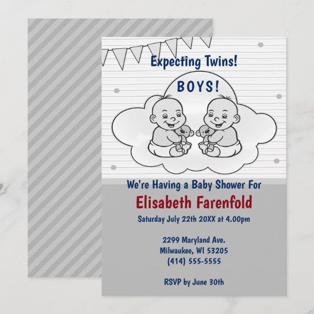 Expecting Twin Boys Cloud Baby Shower Gray Shades Invitation (Front/Back)