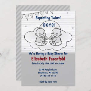 Expecting Twin Boys Cloud Baby Shower Gray Shades Invitation