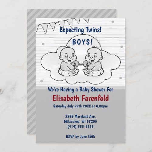 Expecting Twin Boys Cloud Baby Shower Gray Shades Invitation