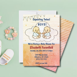 Expecting Twin Boys Cloud Baby Shower Retro Invitation