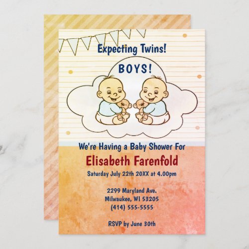 Expecting Twin Boys Cloud Baby Shower Retro Invitation