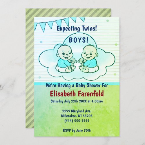 Expecting Twin Boys in Cloud Green Baby Shower Invitation