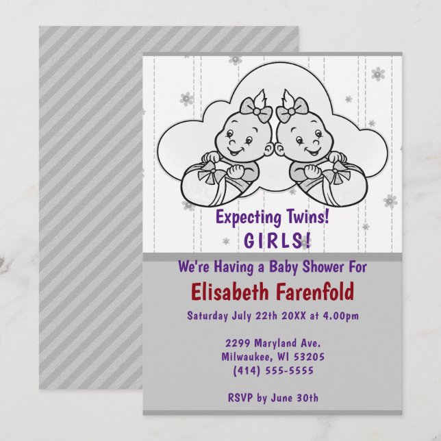 Expecting Twin Girls Cloud Baby Shower Gray Shades Invitation (Front/Back)