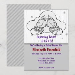 Expecting Twin Girls Cloud Baby Shower Gray Shades Invitation