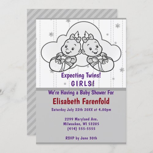 Expecting Twin Girls Cloud Baby Shower Gray Shades Invitation