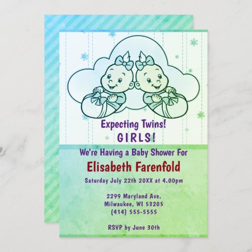 Expecting Twin Girls Cloud Baby Shower in Green Invitation