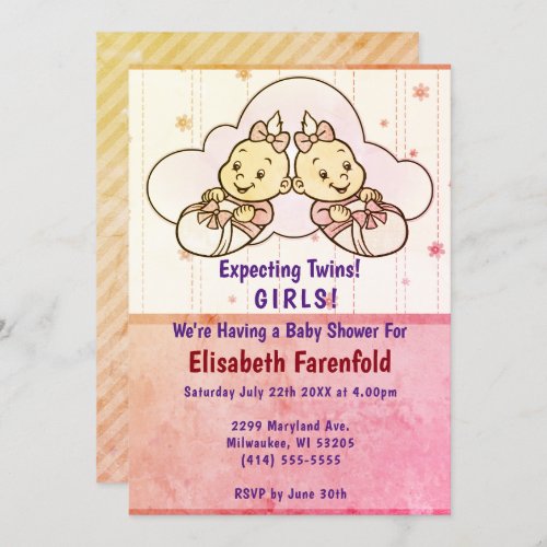 Expecting Twin Girls Cloud Baby Shower Retro Invitation