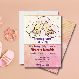 Expecting Twin Girls Cloud Baby Shower Retro Invitation