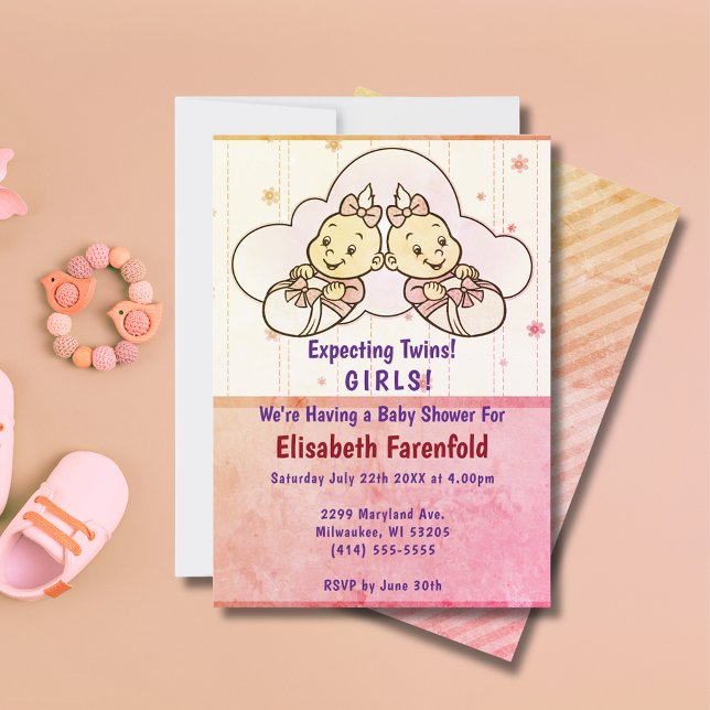 Expecting Twin Girls Cloud Baby Shower Retro Invitation (Expecting Twin Girls Cloud Baby Shower Retro Invitation)