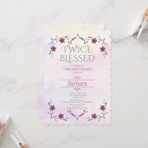 Expecting Twins Boho floral  lavender watercolor Invitation