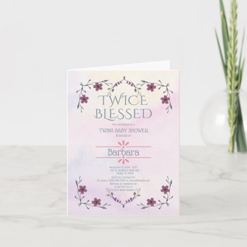 Expecting Twins Boho floral  lavender watercolor Invitation